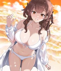 1girl armcho bikini brown_eyes brown_hair character_request copyright_request evening jacket looking_at_viewer medium_hair navel ocean open_clothes open_jacket orange_sky outdoors sky solo swimsuit white_bikini white_jacket