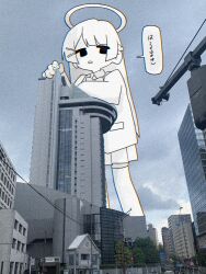 Rule 34 | 1girl, against building, be be be be (cevio), bow, bowtie, building, city, day, film grain, full body, giant, giantess, hair ornament, hairclip, half up braid, halo, highres, jacket, long hair, long sleeves, looking at viewer, nijisanji, open mouth, outdoors, overcast, partially colored, photo background, pleated skirt, pococo, skirt, sky, skyscraper, solo, speech bubble, standing, thighhighs, translation request, tsukino mito, tsukino mito (1st costume), virtual youtuber