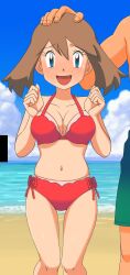 Rule 34 | 1girl, absurdres, beach, bikini, blue eyes, blush, breasts, brown hair, cleavage, cloud, cloudy sky, collarbone, creatures (company), embarrassed, flustered, game freak, hand on another&#039;s head, hands up, highres, large breasts, legs, long hair, looking at viewer, male hand, male swimwear, may (pokemon), medium breasts, medium hair, miraa (chikurin), navel, nervous, nervous smile, nintendo, ocean, offscreen person, open mouth, outdoors, pokemon, pokemon (anime), pokemon rse (anime), red bikini, red ribbon, ribbon, sand, short hair, side-tie bikini bottom, sky, smile, sweatdrop, swim trunks, swimsuit, thighs, third-party edit, twintails, waves