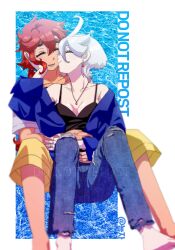 2girls absurdres barefoot between_legs black_camisole blue_pants blue_shirt breasts camisole capri_pants cleavage closed_eyes closed_mouth commentary_request denim earrings english_text gundam gundam_suisei_no_majo hand_on_another&#039;s_arm hand_on_another&#039;s_face highres hug hug_from_behind jeans jewelry kiss kissing_cheek korean_commentary long_hair miorine_rembran multiple_girls necklace nyong-choi open_clothes open_mouth open_shirt pants red_hair ring shirt short_hair short_sleeves sitting small_breasts smile suletta_mercury thick_eyebrows torn_clothes torn_jeans torn_pants water wedding_ring white_hair white_shirt wife_and_wife yellow_pants yuri