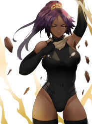 Rule 34 | 1girl, absurdres, alternate costume, arm up, bare shoulders, black gloves, black leotard, black thighhighs, bleach, breasts, brown eyes, closed mouth, commentary, covered navel, dark-skinned female, dark skin, elbow gloves, english commentary, gloves, high ponytail, highleg, highleg leotard, highres, leotard, long hair, looking at viewer, medium breasts, official alternate costume, ponytail, purple hair, shadowcero, shihouin yoruichi, solo, thighhighs, white background, wide hips