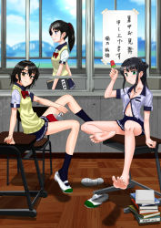 Rule 34 | 3girls, :t, arch bridge, barefoot, black hair, blue eyes, blue legwear, blue skirt, book, book stack, bow, breasts, bridge, chair, cleavage, collared shirt, commentary request, dated, desk, feet, food, green eyes, hand fan, highres, indoors, looking at viewer, miniskirt, multiple girls, navel, okenokoneko, original, partially unbuttoned, pleated skirt, ponytail, popsicle, red bow, red neckwear, red scrunchie, school, school desk, school uniform, scrunchie, shirt, shochuumimai, shoe dangle, shoes, unworn shoes, short sleeves, sidelocks, signature, skirt, smile, socks, soles, sweater vest, toes, uwabaki, watermelon bar, window, wing collar, yellow eyes