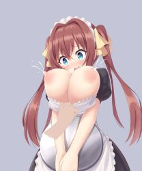 Rule 34 | 1girl, :o, apron, aqua eyes, assisted exposure, black dress, bouncing breasts, bow, breasts, brown hair, cleavage, clothes pull, croodle, disembodied hand, dress, dress pull, grey background, hair bow, highres, holding, holding tray, lactation, large breasts, maid, maid apron, maid headdress, nipples, no bra, open mouth, original, puffy sleeves, short sleeves, simple background, solo focus, teeth, topless, tray, twintails, underboob, upper teeth only, yellow bow