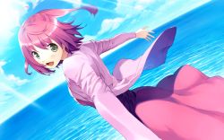 Rule 34 | 1girl, :d, ahoge, akizora ni mau confetti, cloud, day, game cg, green eyes, kanae (akizora), light rays, looking back, open mouth, outdoors, outstretched arms, pink hair, short hair, sky, smile, solo, spread arms, sunbeam, sunlight, ueda ryou, water