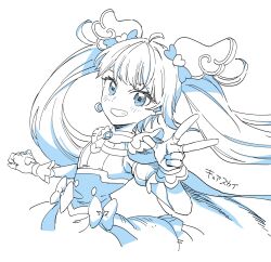 Rule 34 | 1girl, ahoge, blue theme, bow, commentary, cure sky, detached sleeves, earrings, fingerless gloves, gloves, grin, hair bow, highres, hirogaru sky! precure, jewelry, long hair, magical girl, precure, puffy detached sleeves, puffy sleeves, sharumon, smile, solo, sora harewataru, twintails, v, very long hair, wing hair ornament