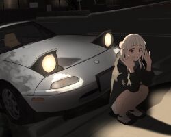 Rule 34 | 1girl, absurdres, arashi chisato, black hoodie, brown shorts, car, commentary, commentary request, double bun, double ok sign, eunos roadster, hair bun, highres, hood, hoodie, long sleeves, looking at viewer, love live!, love live! superstar!!, mazda, mazda mx-5, mazda mx-5 na, motor vehicle, night, ok sign, outdoors, parking lot, red eyes, s sho mkrn, shoes, shorts, smile, solo, squatting, twintails, white footwear, white hair