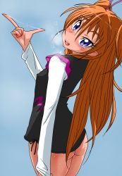 Rule 34 | 10s, 1girl, ass, bad id, bad pixiv id, blue eyes, blush, bottomless, breasts, brown hair, covered erect nipples, cowboy shot, eyelashes, from behind, gradient background, houjou hibiki, long hair, looking at viewer, looking back, no panties, orange hair, precure, pussy juice, pussy juice trail, simple background, small breasts, smile, solo, sorashu, standing, suite precure, sweat, tsurime, two side up