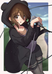 Rule 34 | absurdres, animal ears, animal hood, bear ears, blurry, blurry background, blush, brown eyes, brown hair, cable, coat, collarbone, earrings, framed, hair between eyes, highres, hirasawa yui, hood, jewelry, k-on!, kootee-on, legs together, microphone, open mouth, outdoors, pantyhose, shirt, short hair, shorts