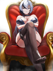 1girl arlecchino_(genshin_impact) armchair black_eyes black_hair breasts chair crossed_arms crossed_legs feet garter_straps genshin_impact highres large_breasts long_hair looking_at_viewer multicolored_hair parted_lips prev/next see-through_clothes see-through_legwear sitting soles symbol-shaped_pupils thighhighs toes two-tone_hair white_hair x-shaped_pupils