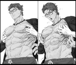 Rule 34 | 123456dyom, 3boys, abs, absurdres, bara, bare pectorals, blush, closed mouth, fate/grand order, fate (series), glasses, greyscale, groping, highres, jewelry, lancelot (fate/grand order), large pectorals, male focus, male swimwear, monochrome, multiple boys, muscular, muscular male, navel, necklace, nipple stimulation, nipple tweak, nipples, official alternate costume, open clothes, open mouth, open shirt, pectorals, shirt, short hair, yaoi