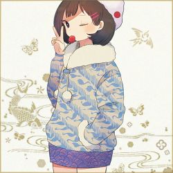 Rule 34 | 1girl, animal print, ayu (mog), bad id, bad pixiv id, bird, bird print, brown hair, bug, butterfly, candy, cowboy shot, crane print, fish, food, fur trim, hair ornament, hairclip, hand in pocket, bug, koi, lollipop, looking at viewer, lowres, mouth hold, one eye closed, original, pom pom (clothes), seigaiha, short hair, skirt, solo, v, wink