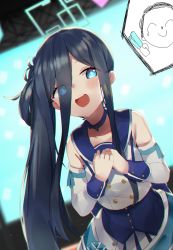Rule 34 | 1girl, aris (blue archive), bare shoulders, black hair, blue archive, blue choker, blue eyes, blue sailor collar, blurry, blurry background, blush, choker, detached sleeves, doodle sensei (blue archive), eyes visible through hair, halo, highres, kure (kure ng), long hair, long sleeves, looking at viewer, open mouth, ringed eyes, sailor collar, sensei (blue archive), shirt, side ponytail, teeth, upper teeth only, white shirt