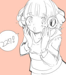 1girl blush earmuffs greyscale_with_colored_background hood hood_down hoodie looking_at_viewer open_mouth pink_background pop&#039;n_music rie-chan sgwyi short_hair simple_background sketch solo speech_bubble spoken_number