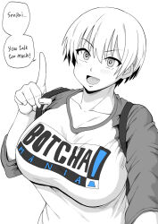Rule 34 | 1girl, backpack, bag, breasts, buggycart, clothes writing, english text, fang, greyscale, large breasts, looking at viewer, monochrome, open mouth, raglan sleeves, short hair, simple background, solo, spot color, upper body, uzaki-chan wa asobitai!, uzaki hana, white background