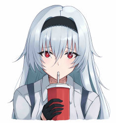 Rule 34 | 1girl, agano (yoshii aki), black gloves, black hairband, collarbone, commentary, commission, cup, drinking, drinking straw, english commentary, girls&#039; frontline, gloves, grey hair, hair between eyes, hairband, holding, holding cup, long hair, looking at viewer, red eyes, scar, scar on neck, shirt, simple background, solo, suspenders, thunder (girls&#039; frontline), upper body, white background, white shirt