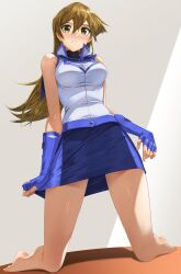 Rule 34 | 1girl, bare legs, bare shoulders, barefoot, blonde hair, blue skirt, blush, breasts, buttons, clothes pull, commentary request, commission, duel academy uniform (yu-gi-oh! gx), fingerless gloves, full body, gloves, kneeling, long hair, looking at viewer, medium breasts, miniskirt, obelisk blue uniform, parted lips, rourou ill, shiny skin, simple background, skeb commission, skirt, skirt hold, skirt pull, sleeveless, tenjouin asuka, thighs, toes, turtleneck, yellow eyes, yu-gi-oh!, yu-gi-oh! gx