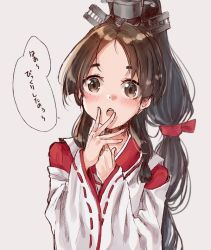 Rule 34 | 1girl, black hair, brown eyes, commentary request, covering own mouth, grey background, hair ornament, hair ribbon, hand over own mouth, headgear, high ponytail, japanese clothes, kantai collection, long hair, long sleeves, multi-tied hair, nisshin (kancolle), open mouth, ribbon, ribbon-trimmed sleeves, ribbon trim, simple background, solo, thick eyebrows, translated, u yuz xx, upper body, wide sleeves
