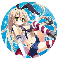 Rule 34 | 10s, 1girl, anchor, blonde hair, blush, crop top, crop top overhang, elbow gloves, gloves, green eyes, kantai collection, long hair, looking at viewer, matsumiya kiseri, navel, personification, shimakaze (kancolle), skirt, solo, striped clothes, striped thighhighs, thighhighs, white gloves