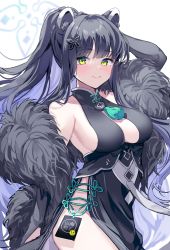 Rule 34 | 1girl, animal ears, black dress, black gloves, black hair, blue archive, breasts, center opening, china dress, chinese clothes, dress, elbow gloves, feather boa, gloves, green eyes, halo, highres, karunabaru, large breasts, long hair, looking at viewer, pelvic curtain, ponytail, shun (blue archive), side slit, sideboob, smile, solo, tassel, tiger ears