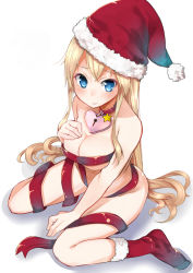 Rule 34 | 10s, 1girl, bare shoulders, between legs, bismarck (kancolle), blonde hair, blue eyes, blush, breasts, choker, christmas, cleavage, collar, feet, fur trim, hand between legs, hand on own chest, hat, heart, heart-shaped lock, kantai collection, large breasts, lock, long hair, looking at viewer, mikan (chipstar182), naked ribbon, padlock, padlocked collar, parted bangs, red socks, ribbon, santa hat, shadow, sidelocks, simple background, sitting, socks, solo, spread legs, star (symbol), underboob, very long hair, wariza, wavy hair, white background