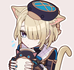 1boy animal_ear_fluff animal_ears beret black_gloves black_hat black_jacket black_shirt blonde_hair blue_eyes cat_boy cat_ears cat_tail dot_nose extra_ears fingerless_gloves freckles freminet_(genshin_impact) furrowed_brow genshin_impact gloves gold_trim hair_over_one_eye hat holding jacket jewelry light_blush male_focus medium_hair mojuke multiple_rings non-humanoid_robot outline pers_(genshin_impact) pink_background ring robot shirt sidelocks simple_background sleeve_cuffs solo tail trap turtleneck turtleneck_shirt upper_body white_outline