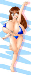Rule 34 | 1girl, amanatsu ikumi, bikini, blue bikini, blush, breasts, brown eyes, brown hair, character name, cleavage, front-tie bikini top, front-tie top, gigantic breasts, glasses, happy, highres, huge breasts, long hair, micro bikini, nipples, parted bangs, seastone, side-tie bikini bottom, smile, solo, swimsuit, unaligned breasts