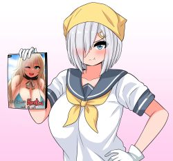 Rule 34 | 1girl, atago (kancolle), bikini, blonde hair, blue eyes, breasts, closed mouth, collarbone, collared shirt, commentary, english commentary, english text, gloves, gradient background, hair ornament, hair over one eye, hairclip, hamakaze (kancolle), hand on own hip, head scarf, highres, holding, kantai collection, large breasts, looking at viewer, neckerchief, one eye closed, open mouth, pink background, pornography, pout, sailor collar, shirt, short sleeves, solo, swimsuit, teeth, the only shoe, upper body, upper teeth only, white gloves, white shirt