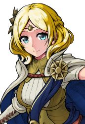 Rule 34 | 1girl, badge, blonde hair, blue eyes, braid, breasts, cape, circlet, closed mouth, fire emblem, fire emblem warriors, flower, hair flower, hair ornament, lianna (fire emblem), looking at viewer, medium breasts, nintendo, sash, simple background, smile, solo, sunflower, sunflower hair ornament, ten (tenchan man), upper body, white background