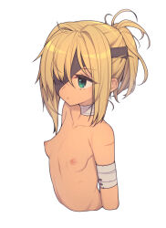 Rule 34 | 1girl, bandaged arm, bandaged neck, bandages, blonde hair, breasts, closed mouth, collarbone, commentary, cropped torso, everyntrge, expressionless, eyepatch, green eyes, hair between eyes, highres, looking ahead, medium hair, nipples, original, perky breasts, scar, scar across eye, scar on arm, scar on chest, scar on ear, sidelocks, simple background, small breasts, solo, topless, white background