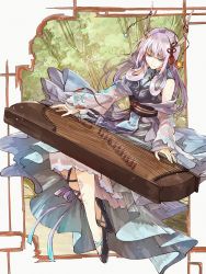 Rule 34 | 1girl, antlers, black footwear, breasts, character name, commentary, commission, english commentary, flower, green eyes, highres, hisona (suaritesumi), horns, indie virtual youtuber, instrument, looking down, medium breasts, music, obi, off shoulder, playing instrument, purple hair, sash, second-party source, skeb commission, smile, solo, suiren (vtuber), virtual youtuber