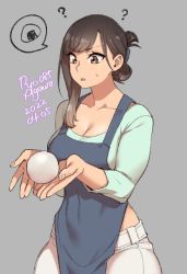 Rule 34 | 1girl, ?, agawa ryou, apron, aqua shirt, artist name, blue apron, breasts, brown eyes, brown hair, cleavage, collarbone, commentary, cowboy shot, crop top, dated, english commentary, food, grey background, holding, holding food, long hair, looking at food, medium breasts, numbered, onigiri, open mouth, original, pants, shirt, simple background, single sidelock, sleeves past elbows, solo, speech bubble, sweatdrop, swept bangs, white pants