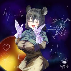 Rule 34 | 1girl, absurdres, animal ears, blush, breasts, brown dress, capelet, closed eyes, commentary request, cookie (touhou), cowboy shot, dress, gloves, green capelet, grey hair, hair between eyes, heart, highres, large breasts, mouse ears, mouse girl, nazrin, nyon (cookie), open mouth, psychic parrot, short hair, smile, solo, space, touhou, voyager, voyager golden record, white gloves