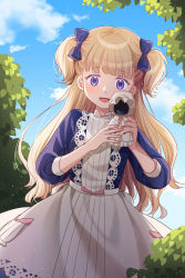 Rule 34 | 1girl, absurdres, apron, blonde hair, blue bow, blue dress, blue eyes, blue sky, blunt bangs, bow, cloud, doll, dress, emilico (shadows house), hair bow, highres, holding, hui yan, long hair, open mouth, shadows house, sky, smile, solo, two side up, white apron