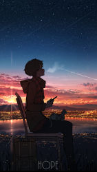 Rule 34 | 1boy, absurdres, black pants, cat, chair, city, city lights, cityscape, cloud, commentary, contrail, english commentary, english text, evening, glasses, highres, jacket, lake, landscape, mountainous horizon, night, original, pants, pasoputi, reflection, scarf, scenery, shooting star, sitting, sky, solo, star (sky), starry sky, sunset