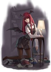 Rule 34 | 1girl, absurdres, arm garter, bat wings, black skirt, black vest, black wings, book, bookshelf, closed mouth, collared shirt, demon wings, frown, full body, fuuko chan, head wings, highres, holding, holding book, kneeling, koakuma, lamp, library, long hair, long sleeves, looking at viewer, necktie, no shoes, pantyhose, quill, red eyes, red hair, red necktie, red ribbon, ribbon, shirt, skirt, skirt set, solo, stole, touhou, vest, white shirt, wings