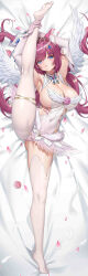Rule 34 | 1girl, absurdres, angel wings, animal ear fluff, animal ears, blue eyes, breasts, covered navel, dakimakura (medium), detached collar, elbow gloves, full body, gloves, highres, impossible clothes, incredibly absurdres, indie virtual youtuber, kosuzu hisae, large breasts, little egg, long hair, looking at viewer, low twintails, pantyhose, petals, pink hair, solo, split, standing, standing on one leg, standing split, twintails, very long hair, white pantyhose, wings