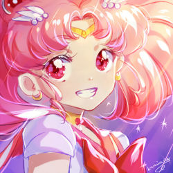 Rule 34 | 1girl, bishoujo senshi sailor moon, bow, bowtie, chibi usa, circlet, crescent, crescent earrings, earrings, female focus, floating hair, grin, jewelry, kaminary, long hair, looking at viewer, pink hair, portrait, red bow, red bowtie, red eyes, red sailor collar, sailor chibi moon, sailor collar, sailor senshi uniform, signature, smile, solo