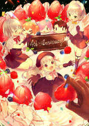 Rule 34 | 3girls, :d, ^ ^, absurdres, anniversary, beret, black background, black gloves, black headwear, blueberry, blurry, blurry foreground, blush, breasts, brown legwear, brown skirt, cake, closed eyes, commentary request, depth of field, elbow gloves, facial scar, fate/apocrypha, fate/extra, fate/grand order, fate (series), food, fruit, fujimaru ritsuka (female), fujimaru ritsuka (male), gloves, green eyes, hair between eyes, hat, highres, huge filesize, ikari (aor3507), jack the ripper (fate/apocrypha), jeanne d&#039;arc (fate), jeanne d&#039;arc alter santa lily (fate), kneehighs, long hair, looking at viewer, mash kyrielight, mini person, minigirl, multiple girls, nursery rhyme (fate), hugging object, on food, open mouth, out of frame, outstretched arms, puffy short sleeves, puffy sleeves, raspberry, red eyes, scar, scar across eye, scar on cheek, scar on face, seiza, shirt, shoes, short sleeves, silver hair, sitting, skirt, small breasts, smile, socks, standing, very long hair, white shirt, yellow footwear