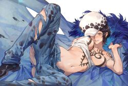 Rule 34 | 1girl, absurdres, black hair, breasts, chest tattoo, earrings, facial hair, genderswap, genderswap (mtf), hat, highres, jewelry, large breasts, lying, navel, nipples, one piece, pants, shirt, shoes, short hair, solo, spread legs, stomach, sword, tattoo, torn clothes, torn pants, trafalgar law, weapon, xuchuan, yellow eyes