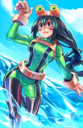 Rule 34 | asui tsuyu, black eyes, bodysuit, boku no hero academia, breasts, goggles, goggles on head, green hair, highres, medium breasts, partially submerged, ponytail, smile, water