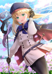 Rule 34 | 1girl, :d, artoria caster (fate), artoria caster (second ascension) (fate), artoria pendragon (fate), black gloves, black pantyhose, blonde hair, blouse, blue bow, blue cape, blue hat, blurry, blurry background, blush, bow, cape, commentary request, day, depth of field, fate/grand order, fate (series), floating hair, flower, gloves, green eyes, hair between eyes, hand up, hat, highres, holding, holding staff, iroha (shiki), long hair, long sleeves, multicolored cape, multicolored clothes, open mouth, outdoors, pantyhose, pink flower, pleated skirt, puffy long sleeves, puffy sleeves, red cape, shirt, skirt, smile, solo, staff, standing, white shirt, white skirt