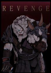 1boy :d belt black_background black_gloves body_fur brown_belt fingerless_gloves fu_shi furry furry_male gloves green_eyes grey_fur hand_up heterochromia league_of_legends open_mouth red_background red_eyes rengar sharp_teeth shoulder_plates signature smile solo teeth