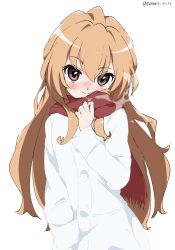 Rule 34 | 1girl, absurdres, aisaka taiga, blush, breath, brown eyes, coat, highres, light brown hair, long hair, looking at viewer, scarf, simple background, solo, toradora!, upper body, white background, white coat, white gorilla (okamoto), winter clothes