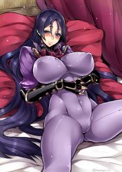 Rule 34 | 1girl, blue hair, blush, breasts, covered navel, covered erect nipples, fate (series), fingerless gloves, gloves, large breasts, long hair, lying, minamoto no raikou (fate), on back, pillow, puffy nipples, smile, solo, takatsuki ichi, thighs, very long hair