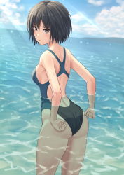 Rule 34 | 1girl, adjusting clothes, adjusting swimsuit, amagami, black eyes, black hair, black one-piece swimsuit, blue sky, bob cut, botan m, cloud, commentary request, commission, competition swimsuit, day, from behind, highres, horizon, looking at viewer, nanasaki ai, ocean, one-piece swimsuit, outdoors, short hair, sky, solo, standing, swimsuit, wading, water