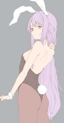 Rule 34 | 1girl, absurdres, alternate costume, animal ears, ass, bare shoulders, breasts, commentary request, from behind, grey background, highres, kohaku q, leotard, long hair, looking at viewer, pantyhose, playboy bunny, purple hair, rabbit ears, rabbit girl, rabbit tail, red eyes, reisen udongein inaba, simple background, small breasts, solo, tail, touhou