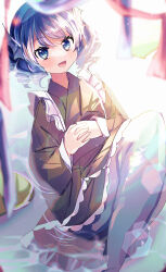 Rule 34 | 1girl, absurdres, blue eyes, blue hair, blue tail, blush, cropped, fins, frilled kimono, frills, green kimono, haruwaka 064, head fins, highres, japanese clothes, kimono, long sleeves, mermaid, monster girl, obi, open mouth, sash, short hair, smile, solo, touhou, wakasagihime, water, wide sleeves