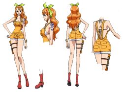 Rule 34 | 1girl, boots, bow, brown footwear, character sheet, concept art, earrings, green bow, hair ribbon, hand on own hip, high heel boots, high heels, highres, jewelry, log pose, multiple views, nami (one piece), official alternate costume, official art, one piece, one piece: stampede, orange hair, orange overalls, overall shorts, overalls, ribbon, shoulder tattoo, simple background, tattoo, white background