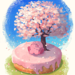 Rule 34 | blue sky, cherry blossoms, closed eyes, closed mouth, doughnut, falling petals, flower, food, grass, highres, icing, kirby, kirby (series), miclot, nintendo, petals, pink flower, red footwear, shoes, sky, tree