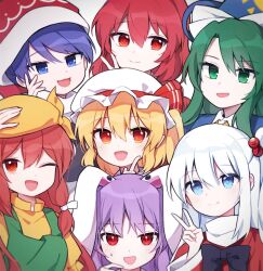 Rule 34 | 6+girls, :3, :d, animal ears, asymmetrical hair, beret, black bow, blonde hair, blue eyes, blue hair, blue headwear, bow, bowtie, closed mouth, collared shirt, commentary, doremy sweet, dress, fang, flandre scarlet, frilled sleeves, frills, green dress, green eyes, green hair, hair between eyes, hair bobbles, hair ornament, hand on headwear, hand on own cheek, hand on own face, hand up, hat, hat bow, high collar, index finger raised, long hair, long sleeves, looking at viewer, lop rabbit ears, mima (touhou), mob cap, multiple girls, nightcap, okazaki yumemi, one eye closed, open mouth, orange (touhou), orange hair, orange headwear, orange shirt, pinafore dress, puffy short sleeves, puffy sleeves, purple hair, rabbit ears, red bow, red eyes, red hair, reisen udongein inaba, scratching cheek, shinki (touhou), shirt, short hair, short sleeves, side ponytail, simple background, sleeveless, sleeveless dress, smile, soooooook2, sweat, symbol-only commentary, touhou, touhou (pc-98), upper body, v, white background, white bow, white hair, white headwear, wide sleeves